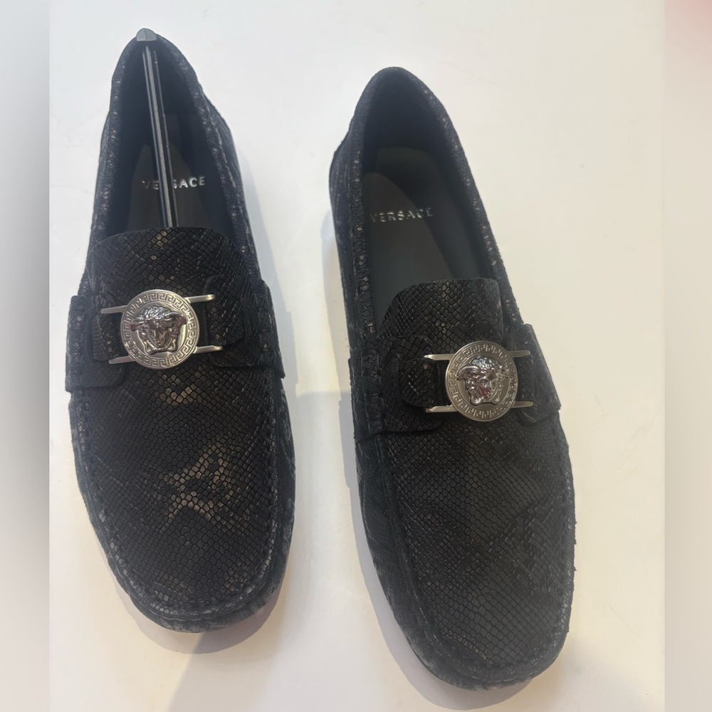 Versace Black Textured Car shoe with Silver Medusa